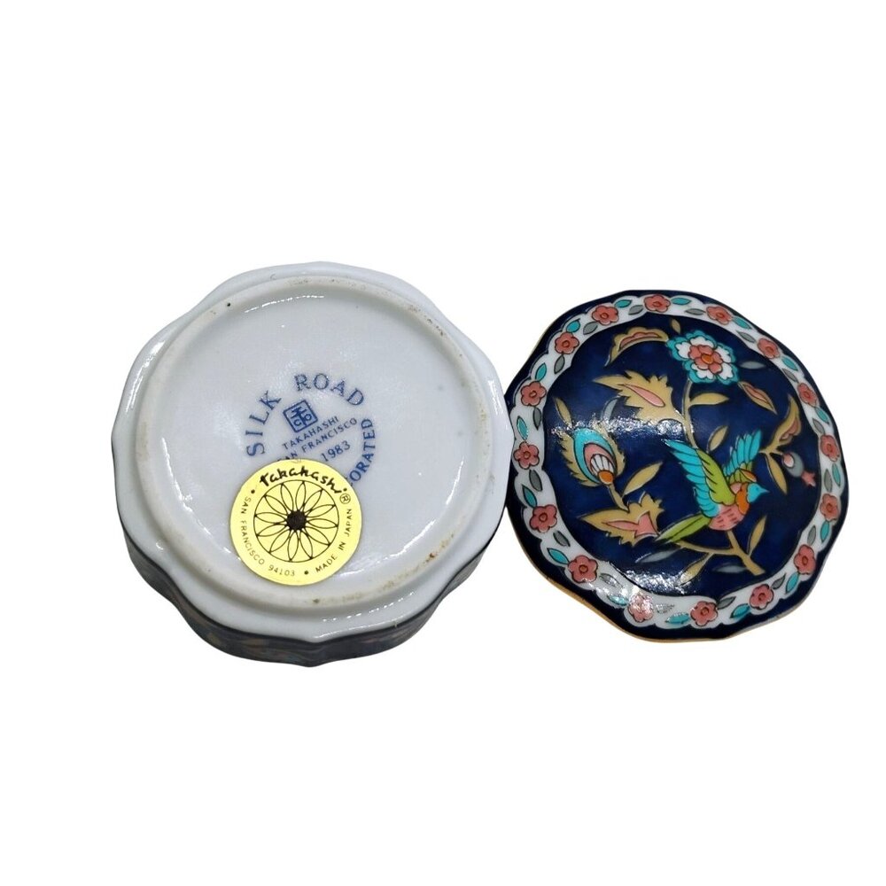 Vtg Takahashi Silk Road Hand Decorated Porcelain Trinket Box Blue w/ Bird Flower - Picture 6 of 7